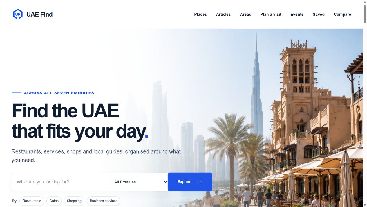 صفحهٔ اصلی واقعی UAE Find با جستجوی کسب‌وکار و انتخاب امارت